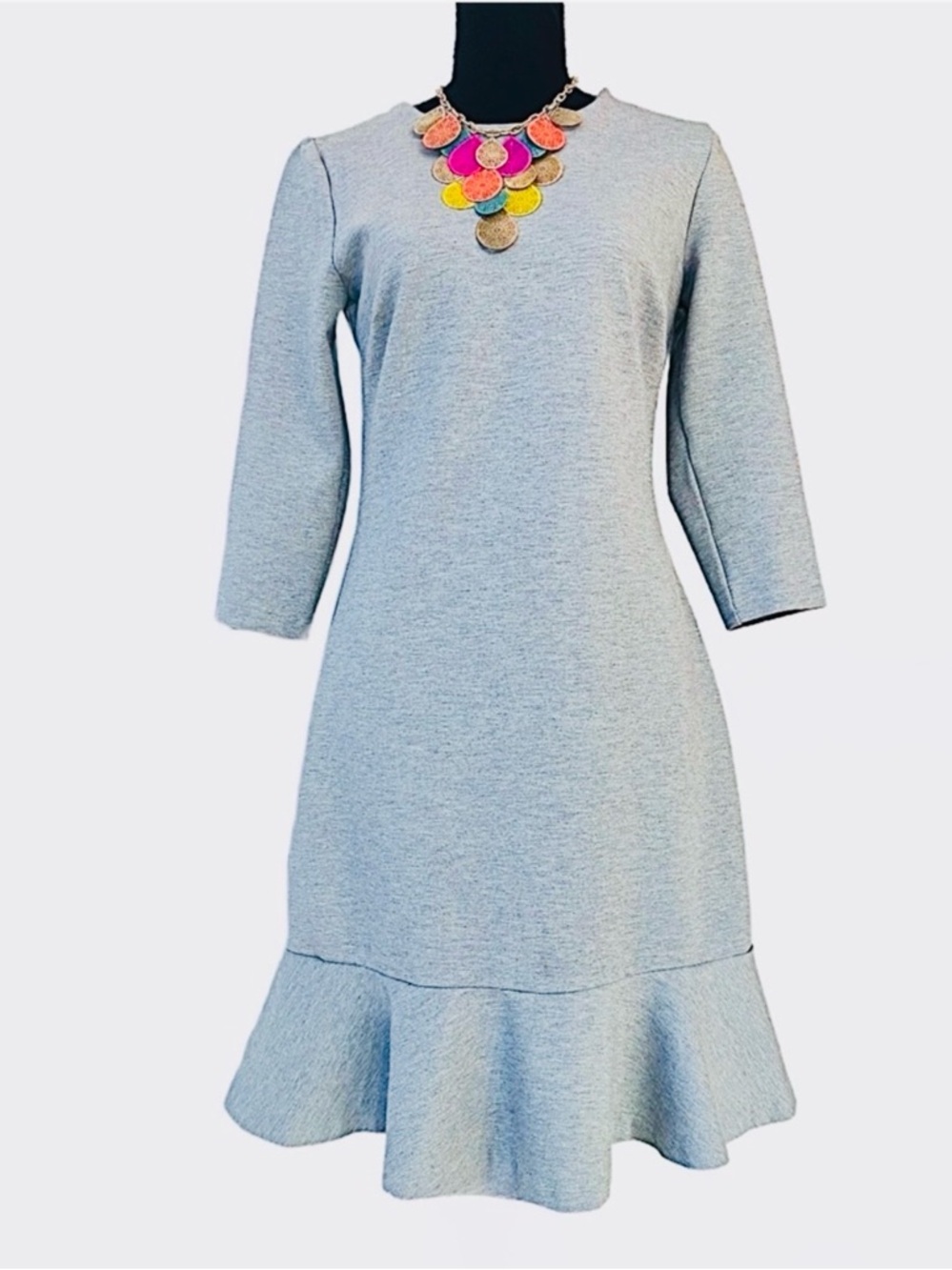BANANA REPUBLIC ~ Heather Gray Ruffle-Hem 3/4 Length Sleeve Dress